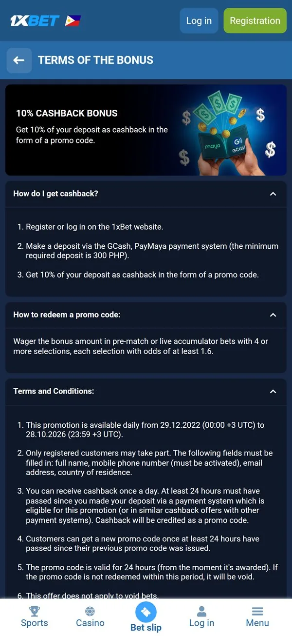 1xBet 10% Cashback Bonus terms with GCash and Maya deposit conditions