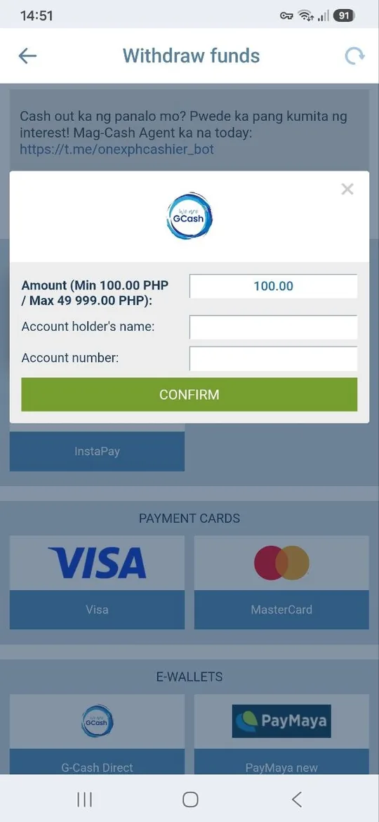 1xBet Withdraw funds screen with the GCash form showing amount from 100 to 49999 PHP, account holder name and account number fields